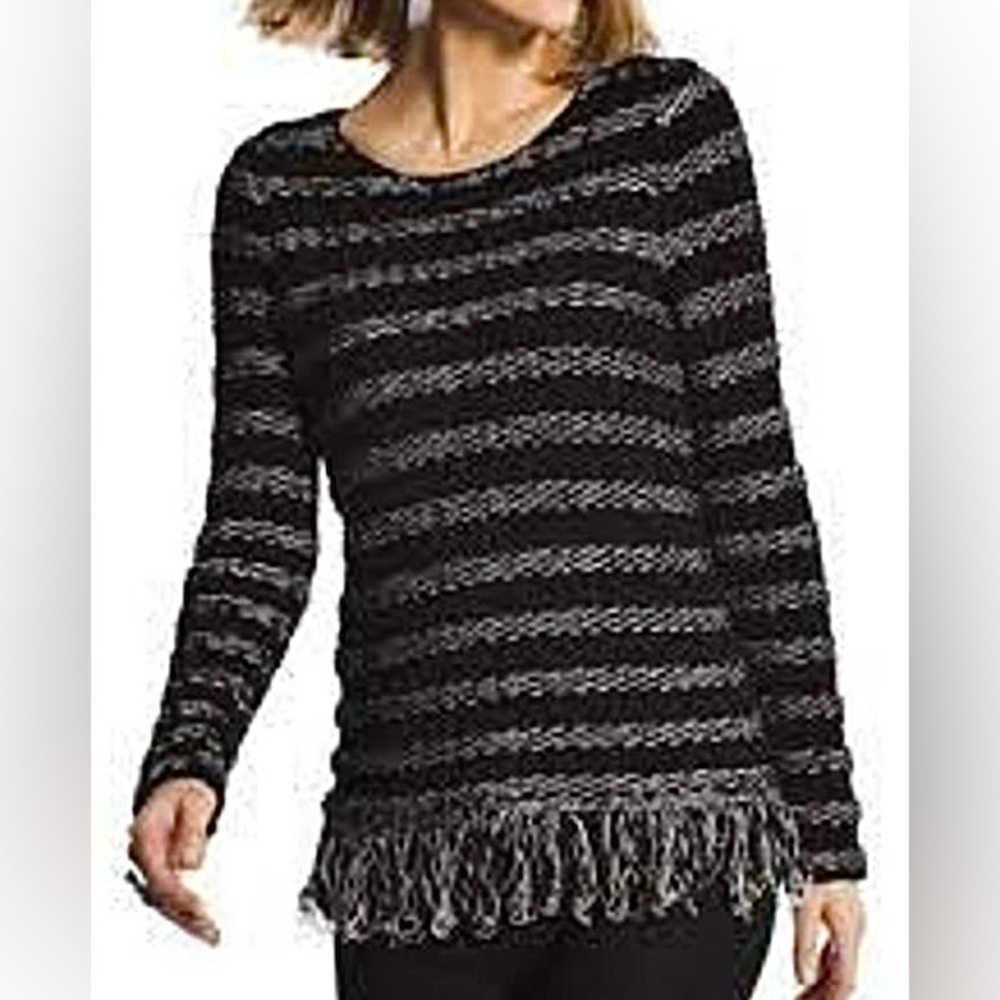 👁️‍🗨️ Chicos Striped Fringe Farrah Sweater Long Sleeves Bohemian touch. Size M
